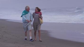 coppia senior che cammina insieme sulla spiaggia