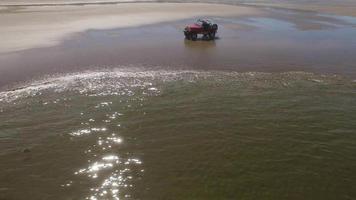 Toma aérea de un vehículo todoterreno 4x4 conduciendo en la playa video