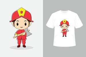 Cute fire fighter with tshirt design vector