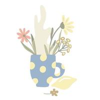 Herbal tea illustration. Lemon, wild flowers and mug of tea vector