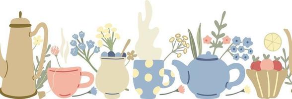 Herbal tea seamless border with teapots, wild flowers and mugs of tea