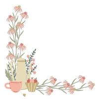 marco de esquina a base de hierbas con tetera, taza de té y flores de equinácea. vector