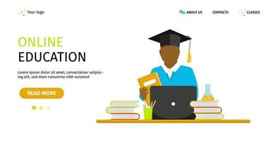 Vector banner. Online education concept. African student studying