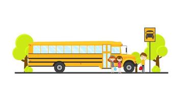 School bus side view on the bus stop isolated. Vector illustration