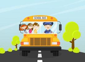 School bus with driver and kids ride on the roa vector
