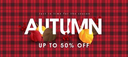 Autumn sale banner with autumn leaves on red plaid fabric vector