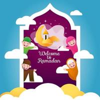 tarjeta de felicitación de bienvenida a la ilustración de Ramadán con carácter lindo vector