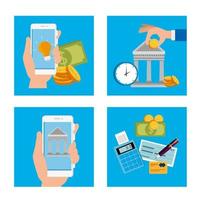 bundle of hands with finance set icons vector