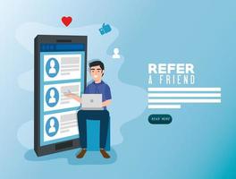 poster of refer a friend with young man and smartphone vector