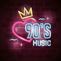 poster of nineties music with heart and crown of neon light vector