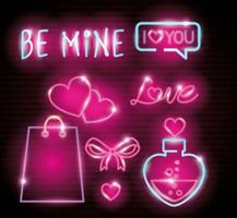 set icons of valentine day of neon light vector