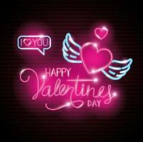 happy valentines day with heart and wings of neon lights vector