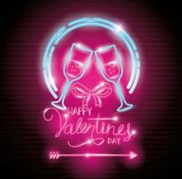 happy valentines day with cups of neon lights vector