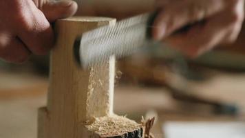 El hombre procesa un trozo de madera con un archivo. video