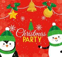 party christmas card with penguin and snowman vector