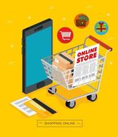 smartphone and shopping cart with icons of store online vector