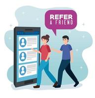 cartel de recomendar a un amigo con pareja y smartphone. vector