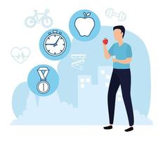 poster healthy lifestyle with man and set icons vector