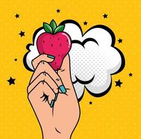 hand with strawberry pop art style vector