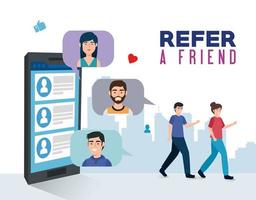 poster of refer a friend with young people and smartphone vector