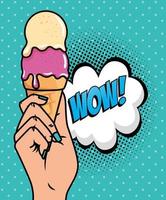 hand with ice cream and wow expression pop art style vector