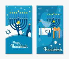 Establecer cartel de feliz Hanukkah con decoración vector