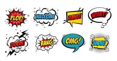 set of expressions and explosions pop art style icon vector