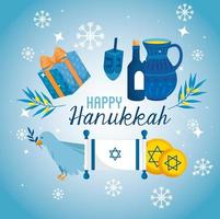 feliz hanukkah con decoración de set vector