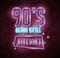 poster of nineties retro style with discount of neon light vector