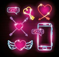 set of decoration valentines day of neon lights vector