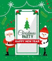 party christmas card with santa claus and snowman vector