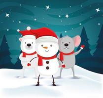 snowman with polar bear and mouse in winter landscape vector