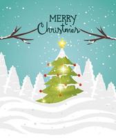 merry christmas card with pine tree in winter scene vector