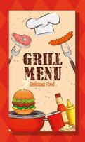 grill menu with hat chef and delicious food vector