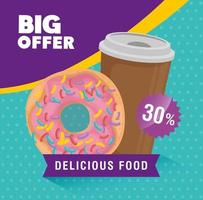 poster of big offer with donut and drink vector