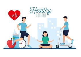 poster healthy lifestyle with people and icons vector