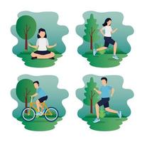set scenes of healthy lifestyle with athletes in park vector