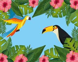 Venta de verano tropical con marco de flores y animales exóticos. vector