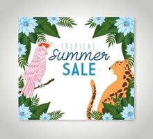 tropical summer sale with frame of flowers with animals exotics vector