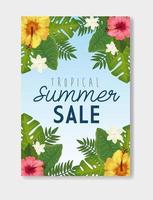 Venta de verano tropical con marco y flores. vector