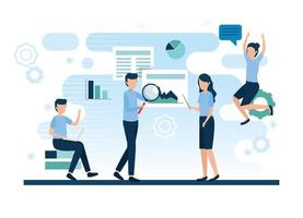 teamwork workers with infographics and icons vector