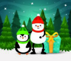 muñeco de nieve con pingüino y caja de regalo en escena de invierno vector