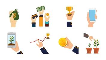 bundle of hands with business set icons vector