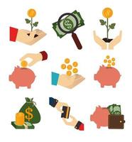 bundle of hands with finance set icons vector