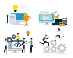 bundle of business people with set icons vector