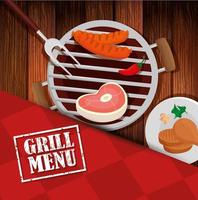 Menú grill con horno e iconos en fondo de madera vector