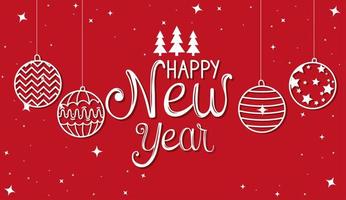 poster of happy new year with balls hanging and pine trees vector