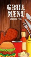 grill menu with delicious food in wooden background vector