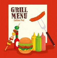 Menú grill con hamburguesa y comida deliciosa. vector