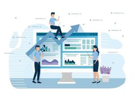 teamwork mini workers with computer and infographics vector